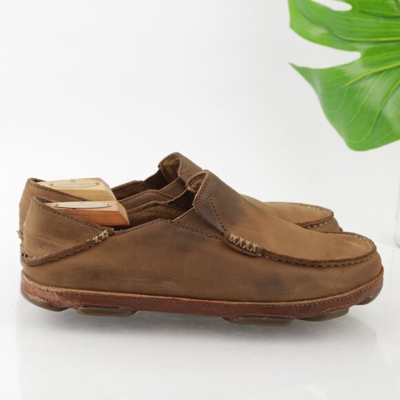 Olukai Mens Moloa Loafer Size 8 Brown Leather Slip-On Convertible Casual Shoe - Picture 1 of 13
